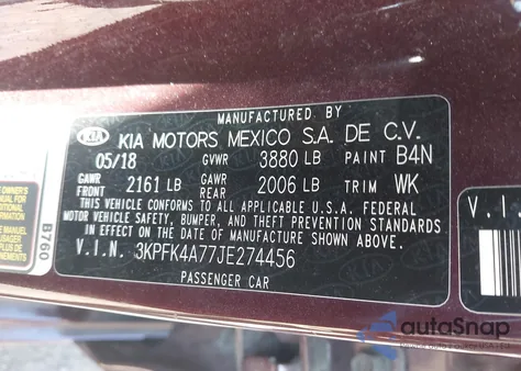 2018 Kia Forte Lx z USA, uszkodzony, nr VIN 3KPFK4A77JE274456